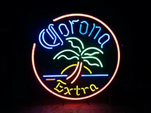 A neon sign that says corona extra with palm tree.